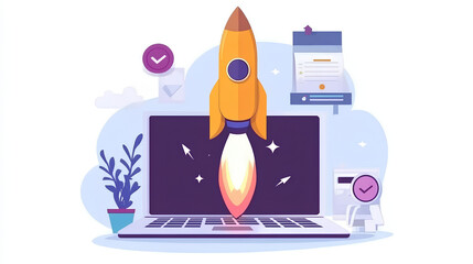 Dynamic rocket launch laptop, innovative startup marketing company, powerful promotion rapid boost, technological business concept start, enterprising success venture 