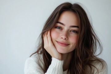 Naklejka premium Young European woman touching her cheek and smiling at camera over white background. Cheek filler treatment, cheekbones lifting concept