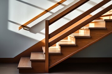 Wooden staircase with sunlight casting shadows on white wall creating a modern interior design element with a warm and inviting atmosphere for home decor