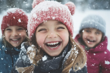 Several children are smiling at the camera in the snow