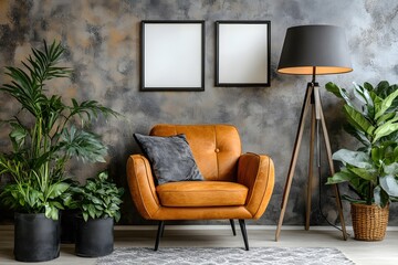 Stylish Living Room Interior with Brown Leather Armchair and Green Plants on Gray Wall