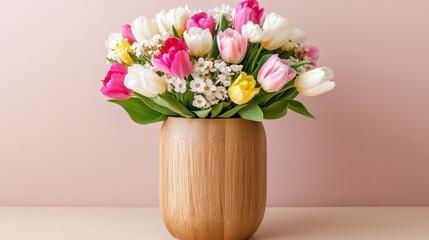 Fototapeta premium Colorful tulip bouquet arranged in a wooden vase against a soft pink background 