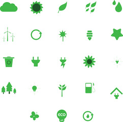 A collection of green icons that represent  aspects of ecological environment. The icons include a tree, a sun, a flower, a star, a house, a car, a light bulb, a battery, a house, a tree, a car