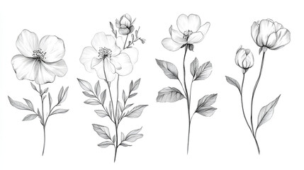 Elegant and delicate monochrome floral line art sketches  Minimalist stylized of various flowers in a grayscale silhouette style  Organic botanical designs with a aesthetic 