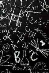 Chalkboard covered with various mathematical equations, symbols, and educational doodles like 'BIG', 'books', and angles. Great for themes of learning, science, and education.