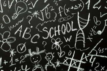 Chalkboard with various doodles, math symbols, and the word 'SCHOOL' written in chalk. Ideal for educational themes, creativity, and learning environments.