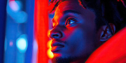 Fototapeta premium Close-up Portrait: Young Black Man Illuminated by Red and Blue Light