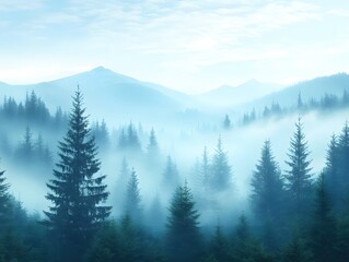 Fototapeta premium Misty Mountain Forest Scenery with Evergreen Trees in a Serene Blue Haze Landscape View