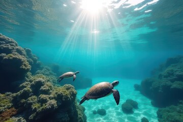 Fototapeta premium Serene Underwater Scene with Sea Turtles Swimming Through Crystal Clear Waters and Sunlight Rays