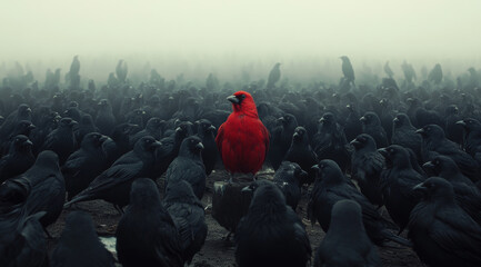 Obraz premium Artistic Representation of Contrast – A Red Bird Among Crows