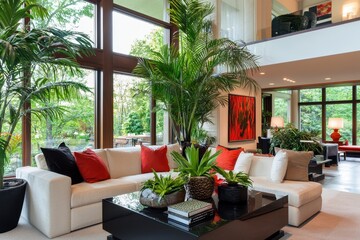 Bright and Airy Living Room with Lush Greenery and Modern Decor Inviting Natural Light Through Large Windows Creating a Tranquil Atmosphere