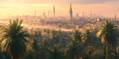 Golden sunset bathes a towering futuristic cityscape in warmth. Majestic skyscrapers boast intricate designs, reflecting the rich glow of dusk