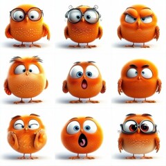 Fototapeta premium Expressive Owls: A collage of adorable, cartoonish owls showcasing a variety of emotions through their expressive eyes and animated features. Each owl's unique look tells a story of personality.