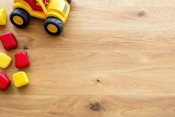 Fototapeta premium Cheerful Toy Truck and Colorful Blocks on Natural Wood Floor for Playful Childhood and Creative Learning Activities