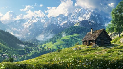 Peaceful Mountain Landscape with Cottage Under Bright Blue Sky