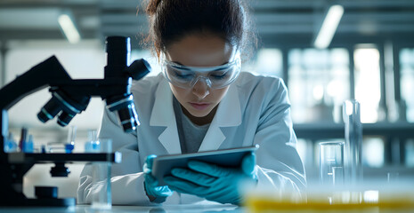 Scientist is looking through a microscope and taking notes