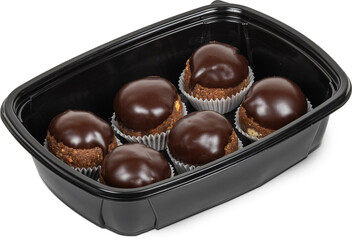 A black plastic container filled with delicious chocolate cupcakes