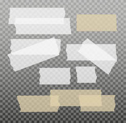 Scotch tape. Sticky paper tape. Adhesive Transparent sticky stripe. Sticker for collage, fixing photo notes. Vector