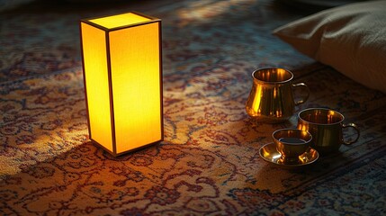 A golden-hued rectangular lantern perched atop a classic Persian carpet