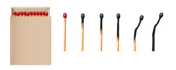 Matchbox, empty package for match sticks in top and perspective view. Realistic mockup of 3d blank box. Stages of burning the match. Symbol of ignition burning. Vector