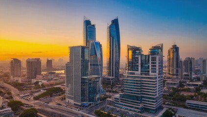 Fototapeta premium Modern city skyscrapers, sunset 