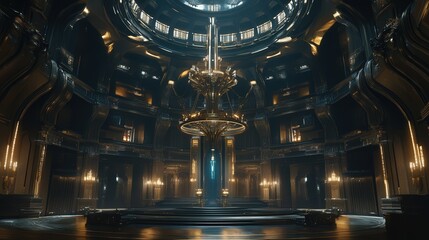 Obraz premium a grand dome, with intricate architectural details and a stunning chandelier hanging from the center, illuminating the room with a soft