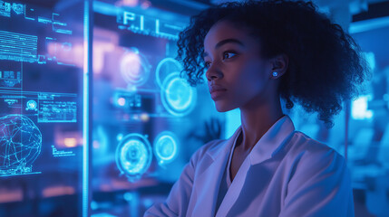 A determined space scientist in a futuristic research lab, surrounded by holographic galaxy maps and advanced technology