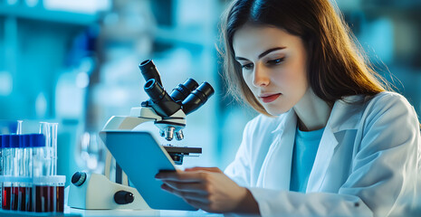Scientist is looking through a microscope and taking notes