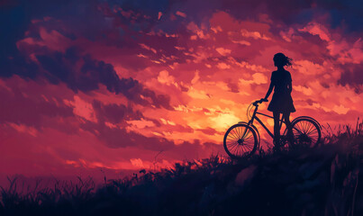 Obraz premium A silhouette of a woman with her bicycle standing on a hill during sunset. Beautiful tranquil background.