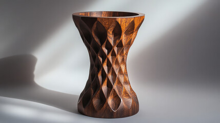 An artisanal wooden pedestal, dark walnut wood with bold, geometric carvings