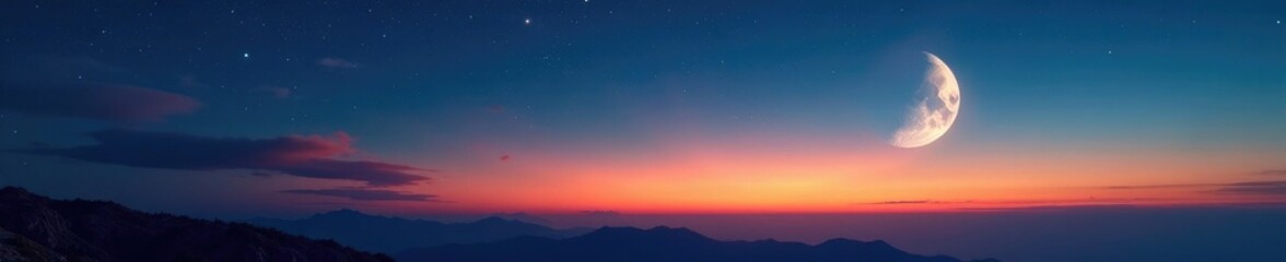 Fototapeta premium A crescent moon in the southeastern sky near the horizon, landscape, astronomy