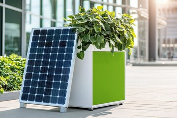 Fototapeta premium Innovative solar panel and planter combination for sustainable urban gardening and renewable energy integration in a modern city environment