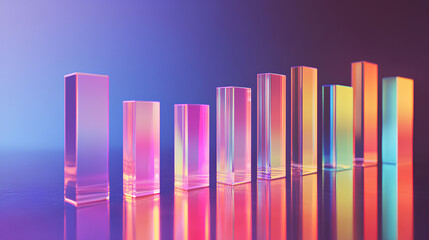 glass holographic bar chart, graph or diagram render icon. Rainbow crystal data analysis columns gradient line up. Financial growth statistic for business presentation, web design