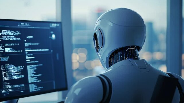 Cutting-edge workspace featuring advanced AI systems and robotic helpers.