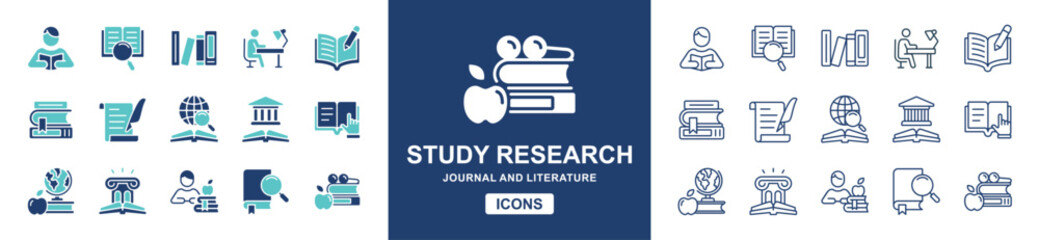 education study research icon set online learning student read journal literature discovery knowledge cognition signs vector illustration