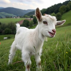 Obraz premium Adorable Baby Goat Playing in Lush Green Grass, Surrounded by Nature’s Beauty