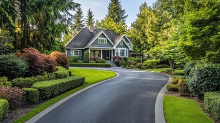 Fototapeta premium Charming cottage with manicured garden and curved driveway amidst lush greenery