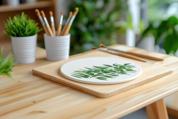 Artistic botanical painting on round canvas with paintbrushes and green plant in bright studio light for creative hobby