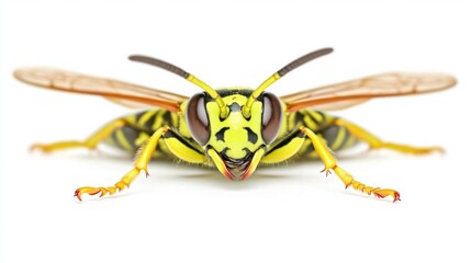 Detailed Front View of a Yellow and Black Striped Wasp on a White Background