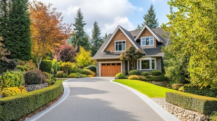 Naklejka premium Charming suburban house with manicured lawn and vibrant autumn foliage