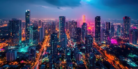Fototapeta premium A mesmerizing nighttime cityscape illuminated by vibrant hues—red, blue, green, and purple lights dance across skyscrapers, creating an enchanting urban glow