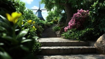 Serene garden pathway leading to a windmill surrounded by vibrant flowers and lush greenery