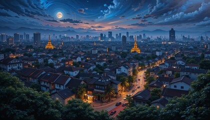 Twilight cityscape aerial serenity in gigapixel art
