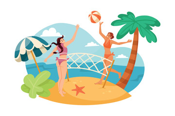 Vacation at Sea with Woman Play Volleyball Have Rest on Beach Vector Illustration