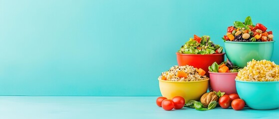 Fototapeta premium A colorful flat-lay of homemade meals prepared from leftovers, presented in eco-friendly containers for a cost-effective approach