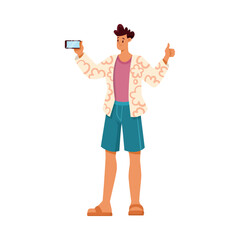 Man Standing Pose Take Photo Have Vacation at Sea Vector Illustration