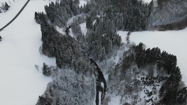 Drone shots of Gunzesrieder Tobel in winter, featuring snow-draped trees, icy waters of Gunzesrieder Ach, and an alpine reservoir reflecting the frosty landscape.