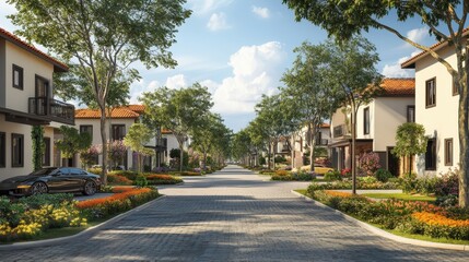 Mediterranean-style residential street with lush greenery and elegant houses