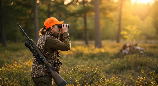 Woman hunter using binoculars in forest at sunset. Female in camouflage with rifle observing wildlife. Outdoor recreation and sport shooting concept. Hunting season