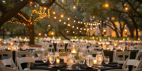 On a university campus an evening dinner is arranged outdoors amidst gently lit trees Numerous round tables adorned with white and black tablecloths are surrounded